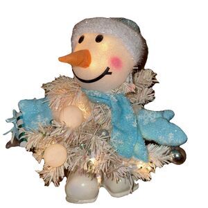 Snow Days Snowman White Blue Christmas Tree 15" Lights Santa Hat Scarf Boots Vtg
